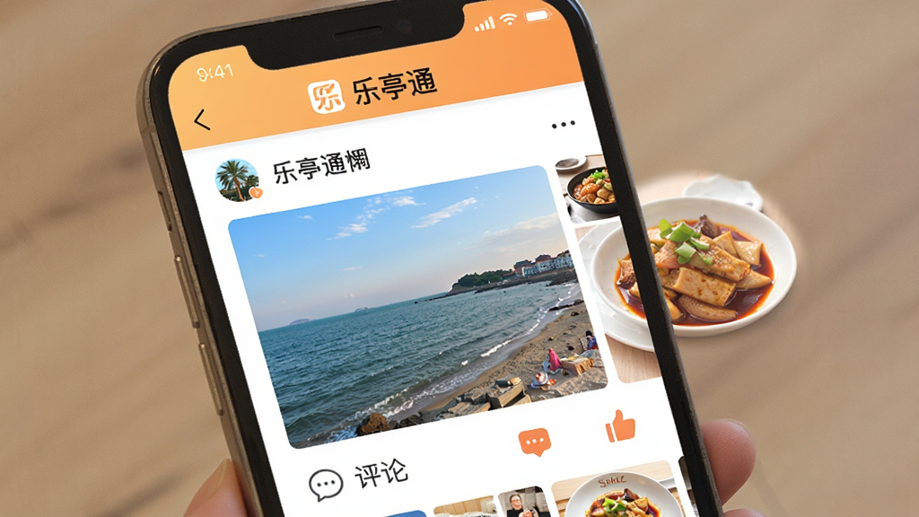 手机屏幕展示“乐亭通”App的圈子界面,界面中有用户发布的乐亭海边风景照片和美食照片,下方有评论和点赞图标,顶部有“乐亭通”文字标识,风格温馨生活化,画质清晰,干净,无多余元素