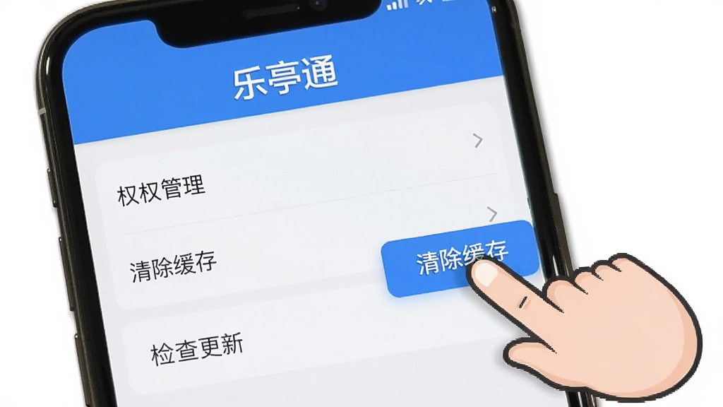 手机屏幕展示“乐亭通”App的设置页面,页面顶部有“乐亭通”文字标识,下方有权限管理、清除缓存、检查更新等选项,旁边有一个手指点击“清除缓存”按钮的动画示意,风格简洁清晰,画质干净,无多余元素