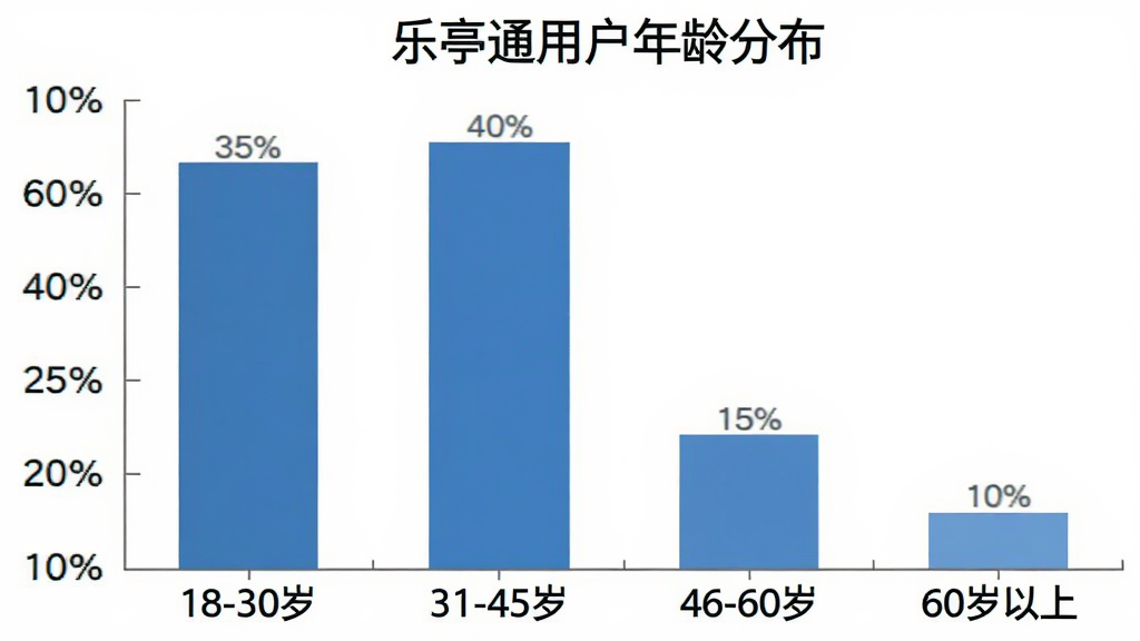 柱状图,横轴为年龄段“18-30岁”“31-45岁”“46-60岁”“60岁以上”,纵轴为用户占比百分比,柱子高度分别对应35%、40%、15%、10%,图表标题为“乐亭通用户年龄分布”,背景简洁白色,风格现代扁平,画质清晰,干净,无多余元素