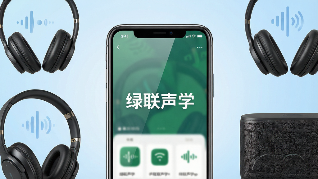 一张展示绿联声学App核心功能的宣传图,画面中央是一部智能手机,手机屏幕上显示着绿联声学的App界面,界面里清晰可见「绿联声学」文字标识,周围环绕着绿联的耳机和音箱产品,背景是简洁的浅蓝色渐变,布局采用居中对称排版,风格现代科技感,细节上手机屏幕有轻微反光,耳机和音箱的质感细腻,画质干净高清,无多余元素