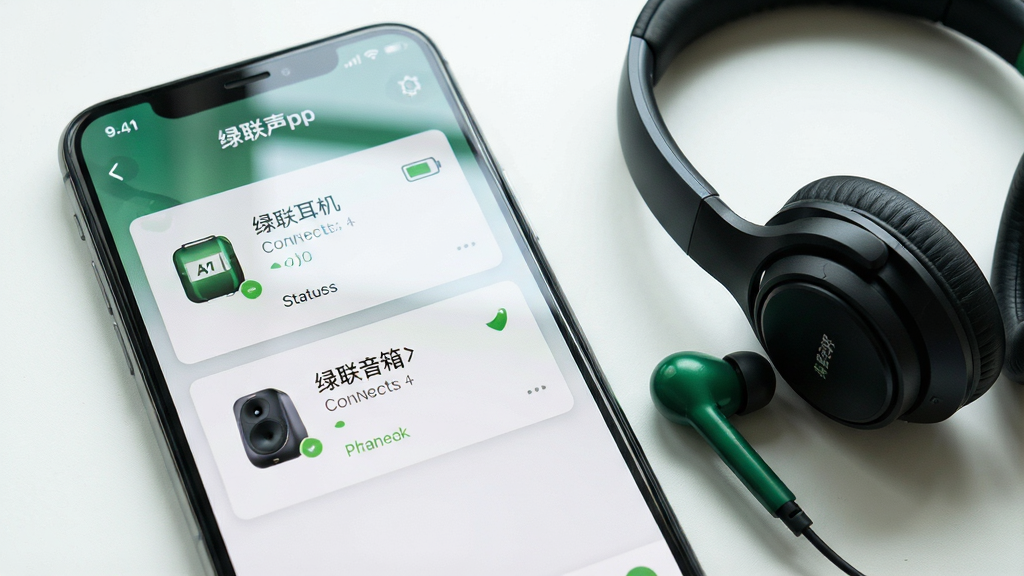 一张展示绿联声学App设备管理界面的图片,画面主体是一部手机,屏幕上显示绿联声学的设备列表界面,列表中有「绿联耳机」和「绿联音箱」两个设备卡片,每个卡片上有电量图标和连接状态文字,手机旁边放着一副绿联耳机,布局是手机在左、耳机在右,风格简洁明快,细节上手机屏幕有清晰的反光和界面文字,画质干净高清,无多余元素