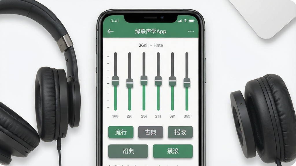 一张展示绿联声学App音效调节界面的图片,画面主体是一部手机,屏幕上显示绿联声学的均衡器调节界面,界面中有多个频段滑块和预设音效按钮,按钮上写着「流行」「古典」「摇滚」等文字,手机旁边放着一副耳机,布局是手机居中、耳机半露在画面边缘,风格现代扁平化,细节上滑块和按钮有细腻的阴影效果,画质干净高清,无多余元素
