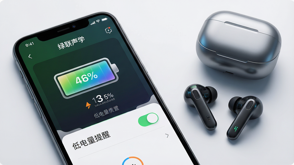 一张展示绿联声学App电量监控界面的图片,画面主体是一部手机,屏幕上显示绿联声学的电量监控界面,界面中有一个显眼的电池图标和百分比数字,旁边有「低电量提醒」的设置开关,手机旁边放着一副真无线耳机和充电盒,布局是手机在左、耳机在右,风格科技感十足,细节上电池图标有渐变填充效果,画质干净高清,无多余元素