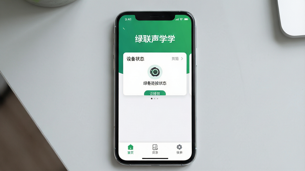 一张展示绿联声学App首页界面的图片,画面主体是一部手机,屏幕上显示绿联声学的首页,顶部有「绿联声学」文字标识,中间是设备连接状态卡片,底部有三个标签栏,布局是手机竖直居中,背景是浅灰色的桌面,风格简约清新,细节上手机边框有轻微高光,界面文字清晰锐利,画质干净高清,无多余元素