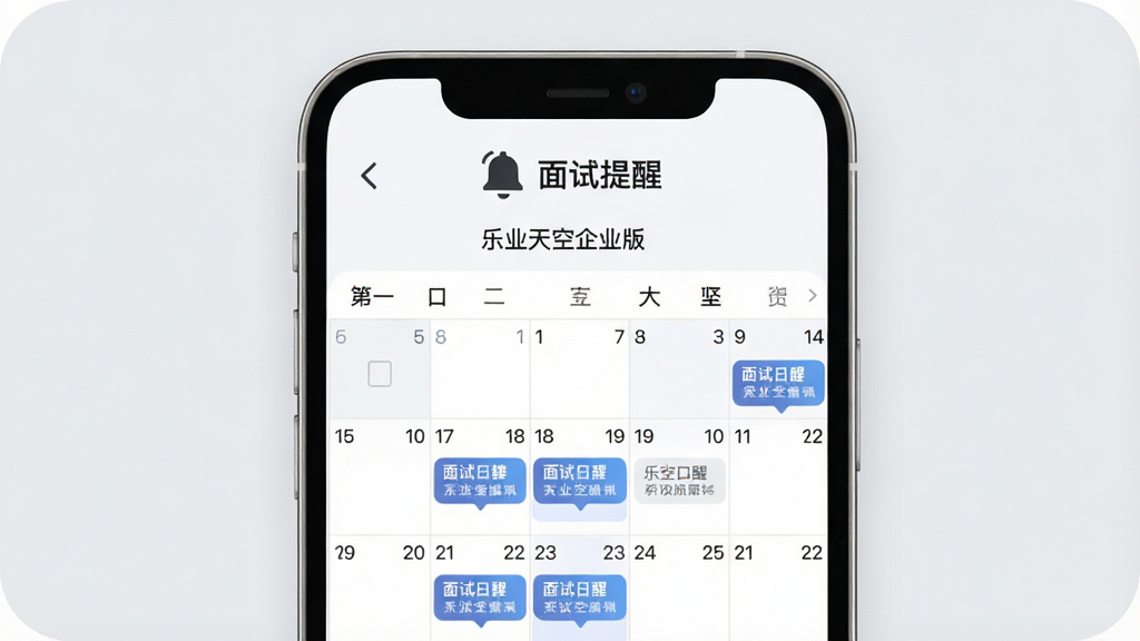 一张展示乐业天空企业版面试日程提醒功能的图片,画面主体是手机屏幕,屏幕上显示着日历视图,日历中有几个日期标注了面试安排,屏幕上方有一个铃铛图标和“面试提醒”文字,背景是柔和的浅灰色,风格简洁明快,细节清晰,画质干净,无多余元素,图片中文字为“乐业天空企业版”