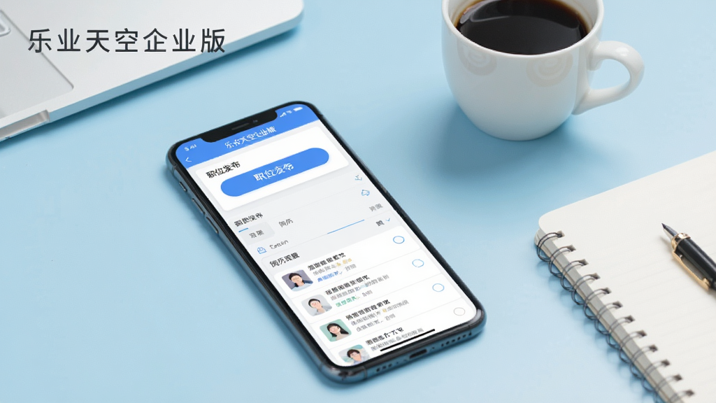 一张展示乐业天空企业版核心全貌的图片,画面主体是一部智能手机,手机屏幕上显示着乐业天空企业版的招聘管理后台界面,界面中有职位发布按钮和简历列表,背景是干净的浅蓝色办公桌面,桌面旁边放着一杯咖啡和一个笔记本,风格现代简约扁平化,细节清晰,画质干净,无多余元素,图片中文字为“乐业天空企业版”