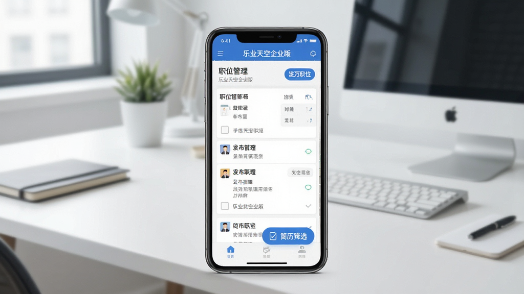 一张展示乐业天空企业版移动端使用界面的图片,画面主体是手机屏幕,屏幕上显示着职位管理列表,旁边有“发布职位”和“简历筛选”的按钮,背景是整洁的办公桌,风格现代扁平,细节清晰,画质干净,无多余元素,图片中文字为“乐业天空企业版”