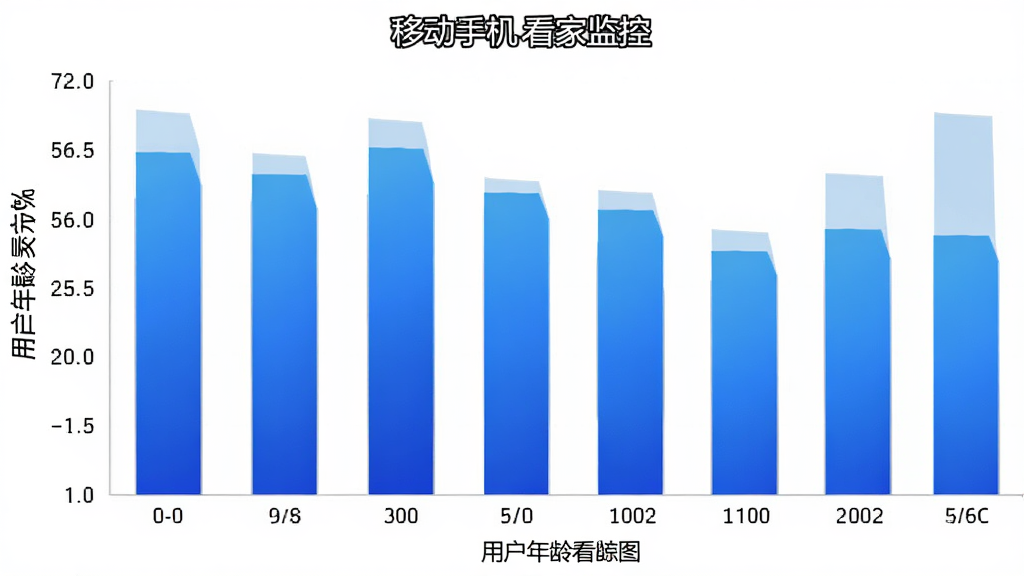 移动手机看家监控 用户年龄分布柱状图 横轴为年龄段 纵轴为百分比 柱子颜色为蓝色渐变 数据清晰 风格简洁 背景干净 画质清晰