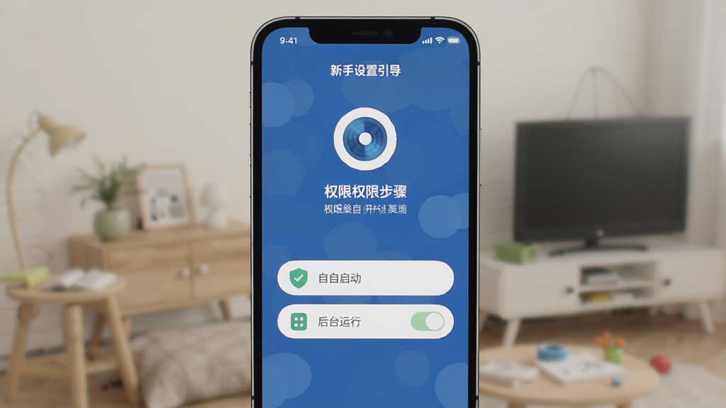 移动手机看家监控 新手设置引导界面 手机屏幕显示权限开启步骤 有自启动和后台运行两个选项 界面简洁 图标清晰 风格扁平化 画质干净