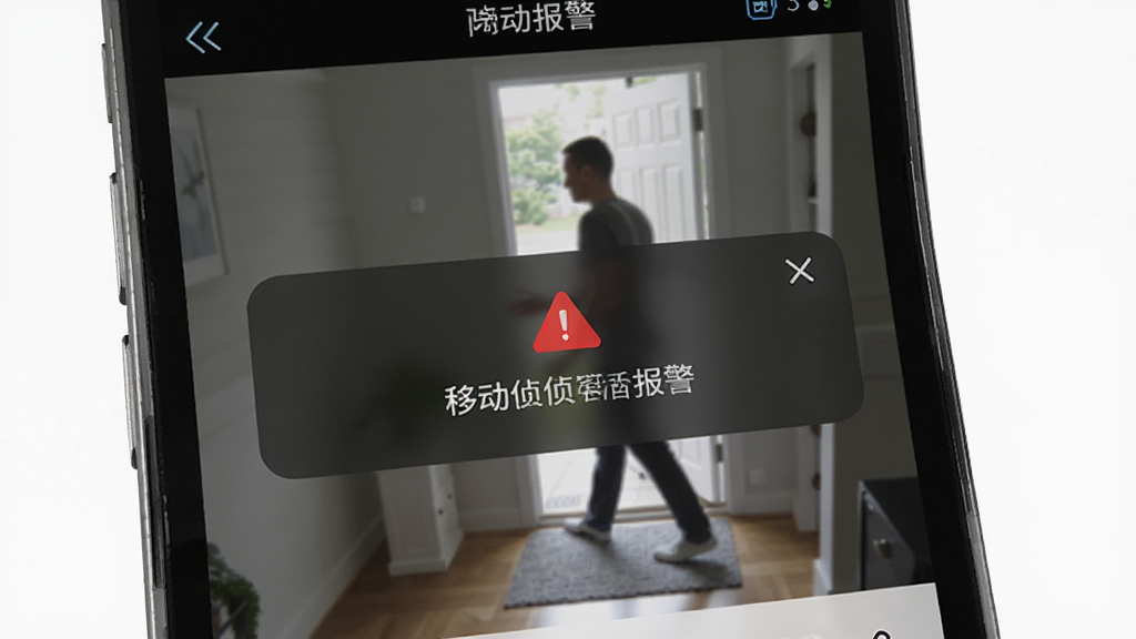 移动手机看家监控 移动侦测报警界面 手机屏幕弹出报警通知 画面中有人影经过门口 界面有红色警示图标 风格科技感 画质清晰 干净整洁