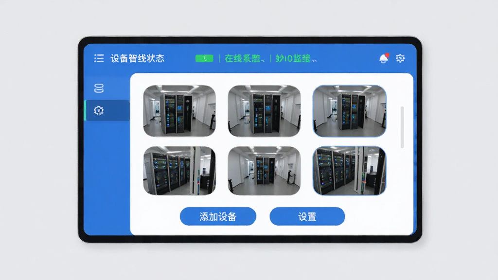 妙连智控系统软件主界面展示,画面中央是简洁的蓝白配色仪表盘,上方显示设备在线状态,中间是几个圆润的方形监控画面预览窗口,下方有添加设备和设置按钮,背景是浅灰色,风格现代扁平化,画质干净无多余元素