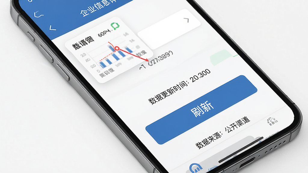 来查贝数据更新机制示意图,手机屏幕显示企业信息详情页,带有“数据更新时间”标注和刷新按钮,界面下方有“数据来源:公开渠道”说明文字,风格专业简洁,画质清晰