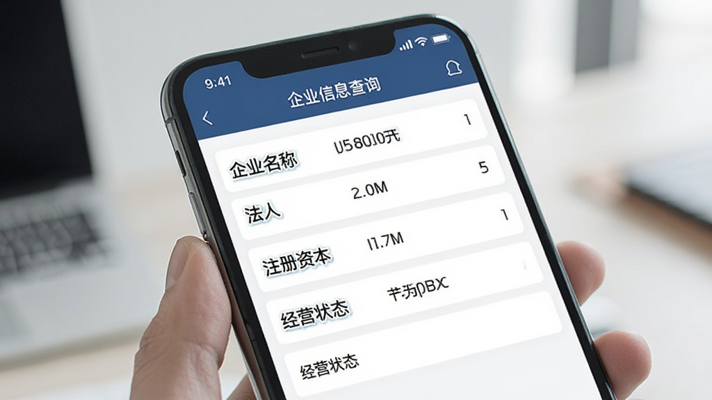 来查贝多维度信息查询功能展示,手机屏幕显示企业信息查询结果页面,包含企业名称、法人、注册资本、经营状态等字段,界面清晰,文字标注明确,风格商务简洁,画质干净