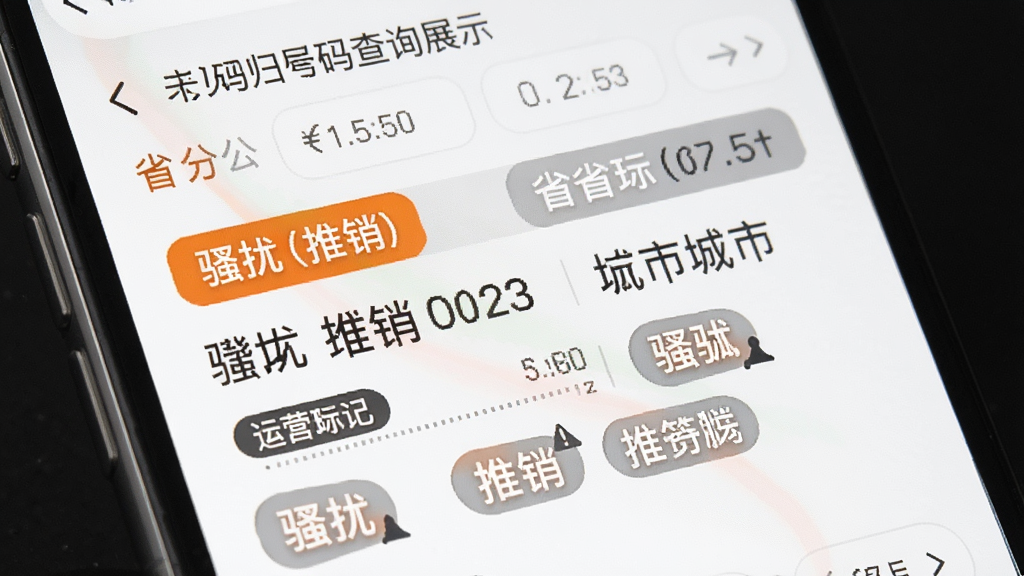 来查贝号码查询功能展示,手机屏幕显示号码归属地查询结果,包含省份城市、运营商、用户标记标签如“骚扰”“推销”,界面用橙色和灰色区分标签,风格清晰直观,画质干净