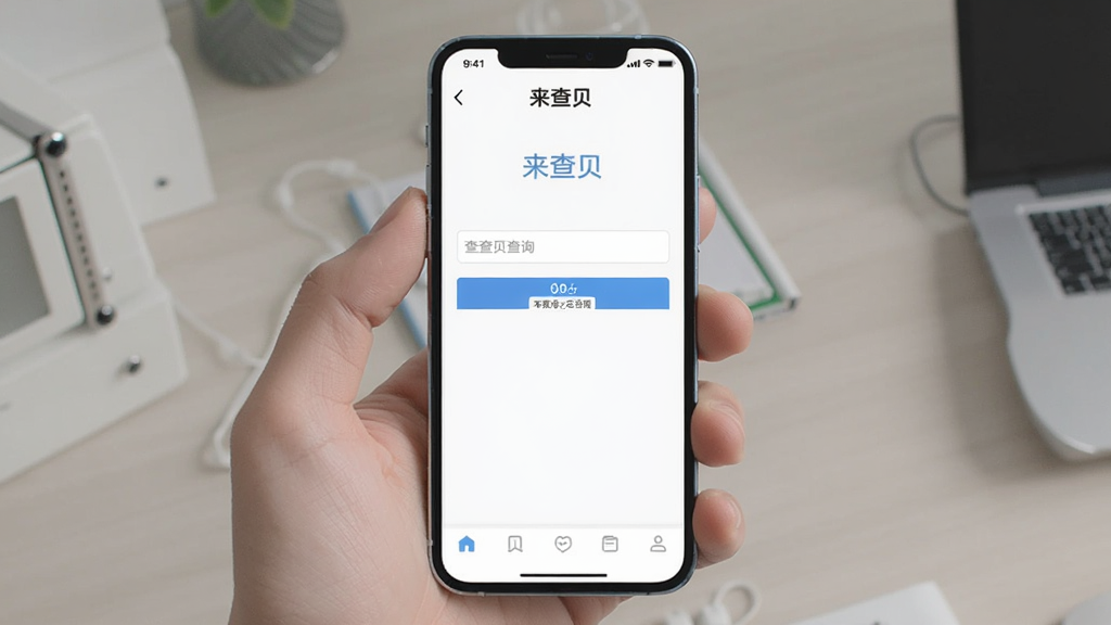 来查贝轻量化无广告特点展示,手机屏幕显示来查贝主界面,界面干净无广告横幅,顶部有“来查贝”名称,中间为查询框,底部导航栏简洁,风格清爽,画质干净