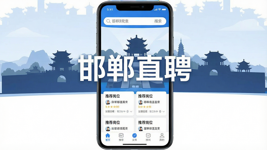 一张手机屏幕展示邯郸直聘APP主界面的图片,画面中央是醒目的“邯郸直聘”四个大字,背景是邯郸标志性建筑剪影如丛台公园,界面布局清晰,上方是搜索框,中间是推荐岗位卡片,底部是导航栏,整体风格现代简洁,蓝白配色,画质干净无多余元素