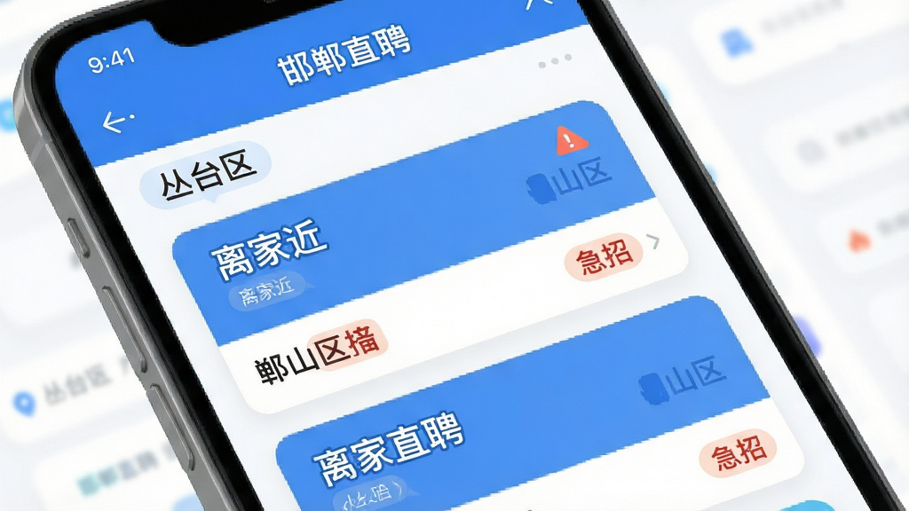 生图提示词:手机界面截图风格,展示“邯郸直聘”APP的岗位推荐列表,画面中清晰标注“丛台区”“邯山区”等地点标签,岗位卡片上有“离家近”“急招”等小标签,排版整齐,风格现代扁平,蓝白主色调,细节圆润,画质清晰干净
