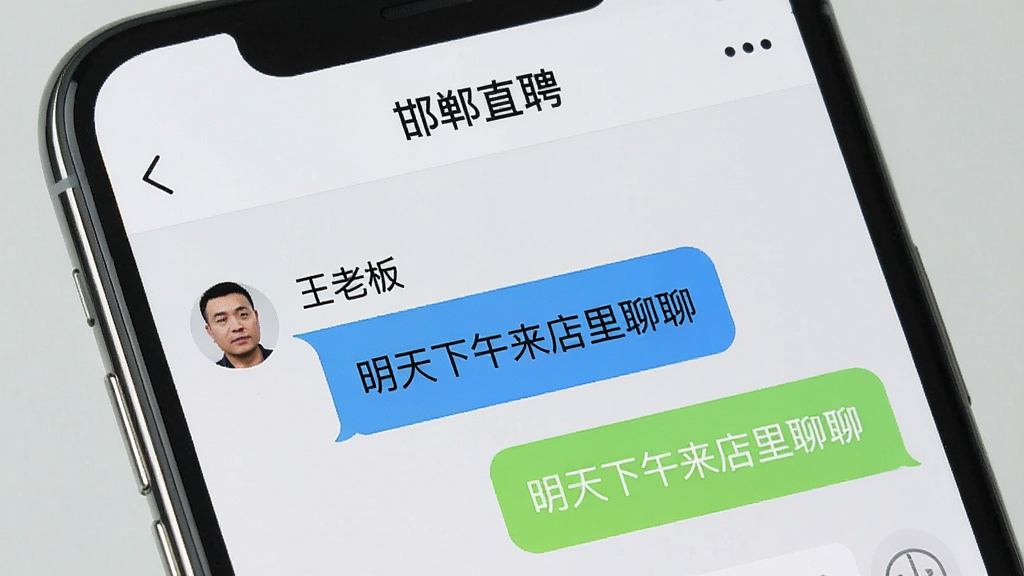 生图提示词:手机屏幕特写,展示“邯郸直聘”APP的聊天界面,界面中显示与“王老板”的对话,内容关于“明天下午来店里聊聊”,界面风格简洁,聊天气泡清晰,背景是浅灰色,画质干净利落