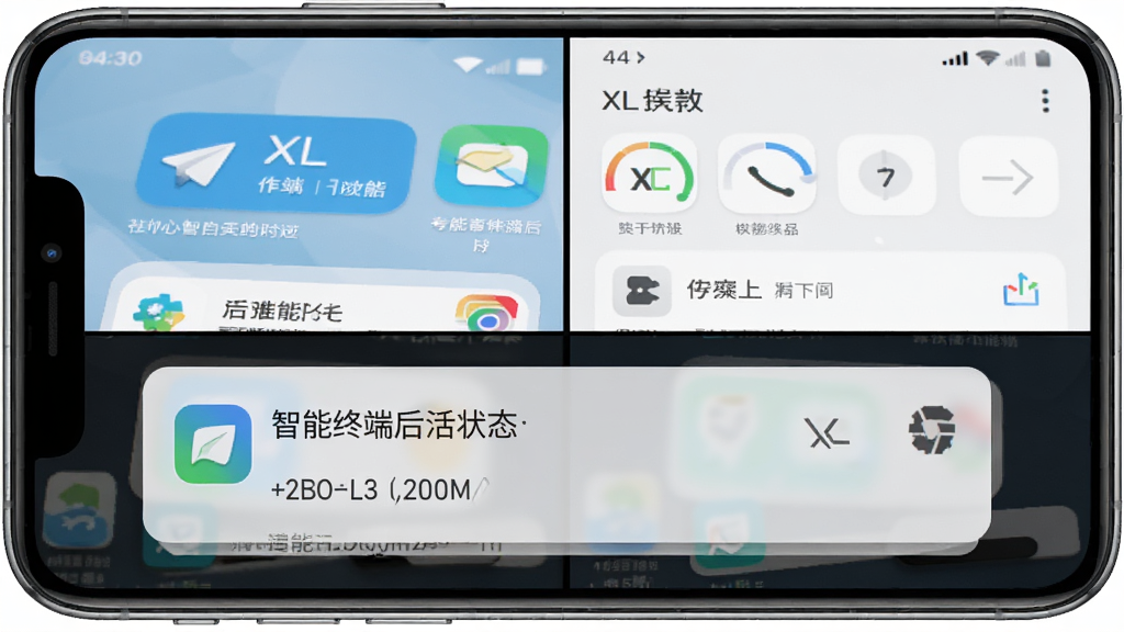 一张展示XL智能终端后台保活功能的示意图,主体是手机屏幕分屏显示前台其他应用和后台XL智能终端运行状态,布局上方为前台应用界面下方为后台常驻通知栏,排版左右对比突出后台存活时长,风格写实科技风,细节上通知栏图标清晰可见,画质干净无多余元素