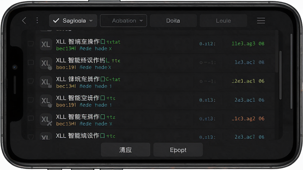 一张展示XL智能终端操作日志界面的图片,主体是手机屏幕上滚动显示的日志列表,布局顶部为筛选标签中间为日志内容底部为清空和导出按钮,排版整齐有序,风格深色终端风格,细节上不同状态文字颜色区分明显,画质干净无多余元素