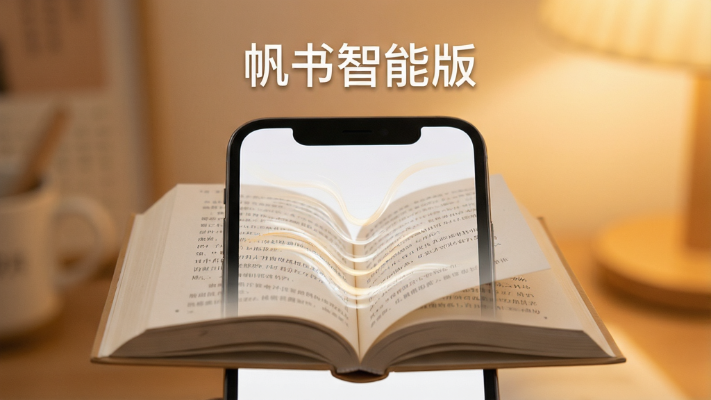 一张展示手机阅读应用界面的图片,画面中央清晰地展示着一本翻开的电子书,书页上隐约有文字流动,背景是柔和的暖色调,手机屏幕上方有“帆书智能版”的悬浮字样,整体风格简洁舒适,画质干净无多余元素