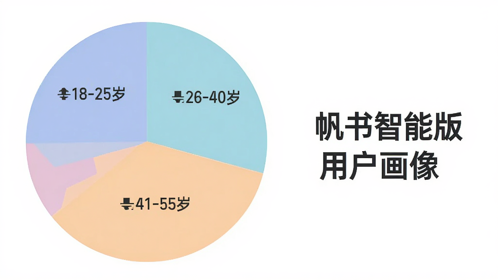 一个饼状图,展示不同年龄段用户占比,饼图分为四块,分别标注“18-25岁”、“26-40岁”、“41-55岁”、“55岁以上”,饼图颜色柔和,背景干净,旁边有“帆书智能版用户画像”的文字说明,风格简洁数据可视化