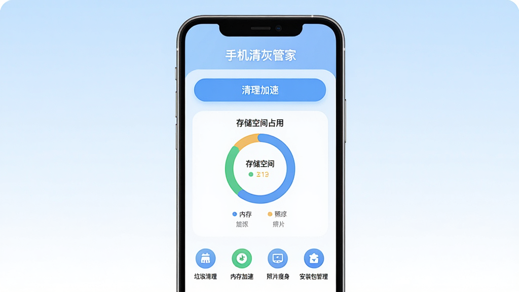 手机清灰管家应用主界面展示,画面中央是一部智能手机,屏幕显示手机清灰管家APP的首页,上方有手机清灰管家字样,中间是清理加速按钮和存储空间占用环形图,下方排列着垃圾清理、内存加速、照片瘦身、安装包管理四个功能图标,背景是浅蓝到白色的渐变,风格简洁现代扁平,细节圆润,画质干净清晰,无多余元素