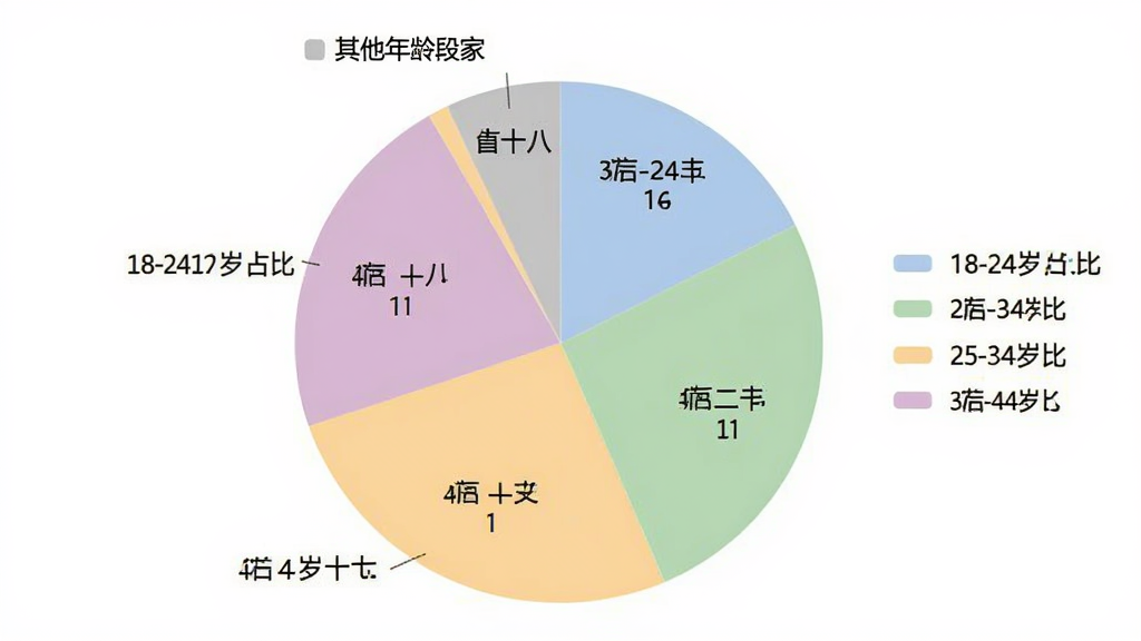 手机清灰管家用户年龄分布饼状图,画面中央是一个饼状图,分为五个扇形区域,分别标注18-24岁占比百分之二十二,25-34岁占比百分之三十一,35-44岁占比百分之二十六,45-60岁占比百分之十八,其他年龄段占比百分之三,背景为白色,图表颜色柔和清晰,有图例说明,风格简洁数据可视化,画质干净
