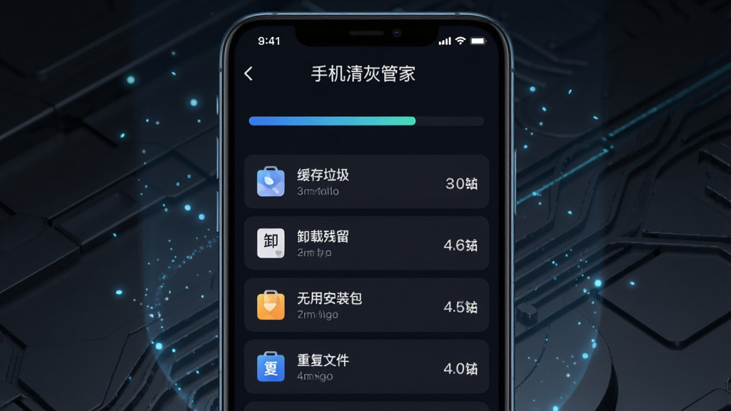 手机清灰管家深度扫描功能展示,画面中一部手机屏幕显示正在扫描的进度条和扫描出的垃圾文件分类列表,包括缓存垃圾、卸载残留、无用安装包、重复文件等条目,每个条目后面有大小数字,背景是深色科技感风格,有微光粒子效果,手机清灰管家字样出现在屏幕顶部,画质干净,布局清晰