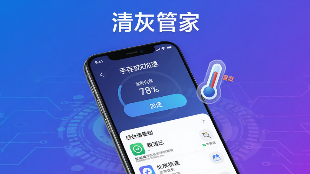 手机清灰管家内存加速与手机降温功能展示,画面中一部手机屏幕显示内存加速界面,有加速按钮和当前内存占用百分比,旁边有温度计图标显示手机温度,下方列出后台运行的应用列表,背景为蓝紫色渐变科技风格,手机清灰管家字样出现在顶部,画质清晰,布局简洁