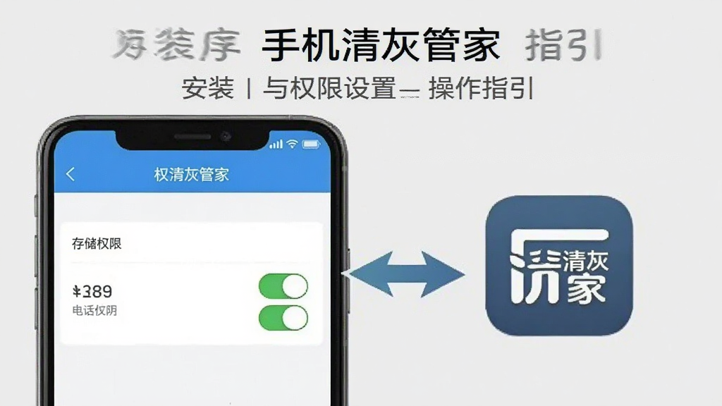 手机清灰管家安装与权限设置操作指引图,画面中一部手机展示设置界面的权限管理页面,有存储权限和电话权限的开关按钮,旁边有箭头指向手机清灰管家图标,背景为浅灰色,风格简洁教程风,文字标注清晰,画质干净