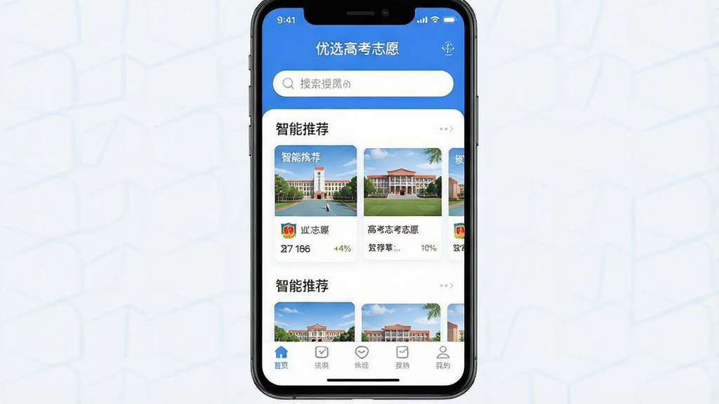 һ�ż������ĸ߿�־Ը�APP����չʾͼ���������ֻ���Ļ����Ļ����ʾ����ѡ�߿�־Ը��Ӧ�õ���ҳ�����ְ��������������м������Ƽ�ԺУ��Ƭ���ײ�������������ִ���ƽ����������ɫΪ��������ɾ����࣬ϸ�����������ʸ��壬�޶���Ԫ��