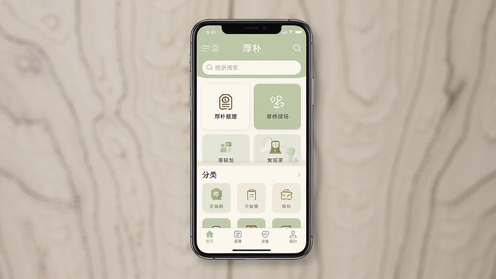 һ��չʾ�ֻ�Ӧ���������ͼƬ������������һ�������ֻ�����Ļ����ʾ�����ӡ�App����ҳ��ҳ�涥�����������м��ǹ��ܿ�Ƭ�ͷ�����ڣ��ײ��ǵ����������岼����������������ţ����װ׺͵���Ϊ��ɫ�������ʸɾ����޶���Ԫ��