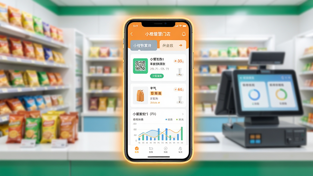 画面主体是一部智能手机,屏幕上展示“小橙智慧门店”APP的主界面,背景是一家明亮整洁的便利店或小型超市的收银台场景,布局采用中心构图,手机屏幕清晰显示收款码、商品列表和统计图表,排版简洁明了,风格为现代扁平化科技风,细节上手机边缘有柔和光晕,背景货架商品虚化处理,画质高清干净,无多余杂乱元素