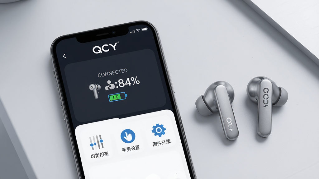 һ��չʾQCY��������App���Ľ���Ĳ�Ʒ����ͼ������������һ�������ֻ�����Ļ��ʾQCY App�����棬���涥����QCYƷ��Logo���м���ʾ�����Ӷ����ͺź͵����ٷֱȣ��·������ž��������������á��̼������ȹ���ͼ�꣬�ֻ��Ա߰ڷ���һ��QCYƷ�������߶���������Ϊǳ��ɫ������棬����ִ��Ƽ��У�ϸ�����������ʸɾ��޶���Ԫ��