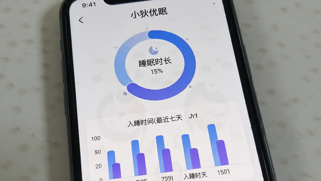 一张展示小狄优眠睡眠数据统计页面的图片,手机屏幕上半部分显示一个圆环图表示睡眠时长,下半部分是柱状图展示最近七天的入睡时间,背景为浅灰色,图表颜色以蓝色和紫色为主,界面顶部有