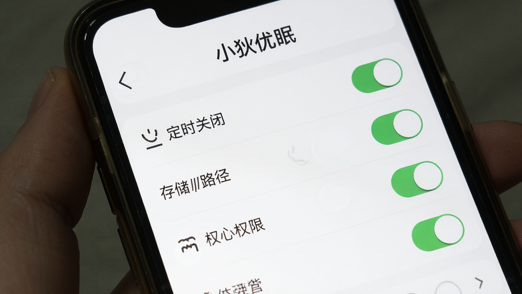 一张展示小狄优眠设置界面的图片,手机屏幕显示各种设置选项,包括定时关闭、存储路径、通知权限等开关按钮,界面背景为白色,文字为深灰色,顶部有