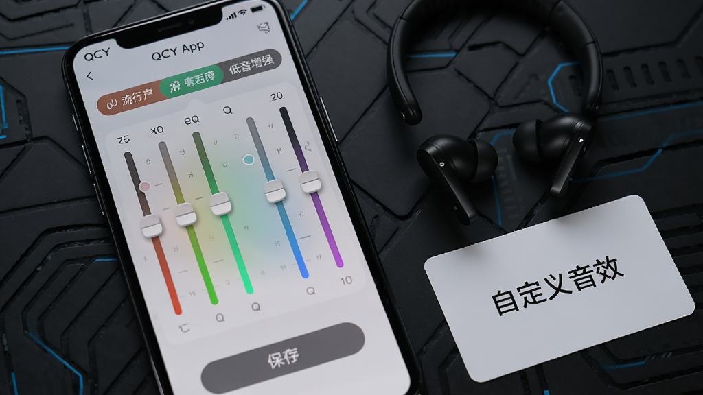 һ��չʾQCY App����������Ĺ��ܽ�ͼ���ͼƬ����������Ϊ�ֻ���Ļ��ʾ10��EQ���ڻ��飬����ʲ�ɫ���䣬�Ϸ������С�ҡ����������ǿ��Ԥ���ǩ���·��б��水ť���ֻ��Ա߷���һ��QCY������һ��д���Զ�����Ч�Ŀ�Ƭ������Ϊ��ɫ�Ƽ������������רҵ�������������޶���Ԫ��