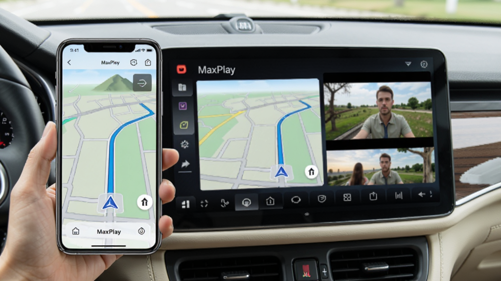 MaxPlay��������չʾͼ��������һ���ֻ���ͨ��MaxPlay��������ͼ����Ƶ����Ͷ�䵽�����пش����ϣ��ֻ���Ļ�ͳ�����Ļ����һ�£�������дʵ�����������������������ɾ��޶���Ԫ��