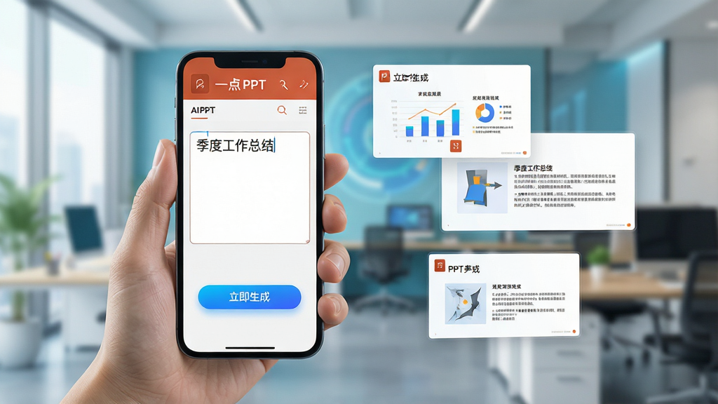 һ��չʾһ��PPT��AI���ɹ��ܵĺ��ͼƬ������������һֻ�������ֻ����ֻ���Ļ��ʾһ��PPT��AI������棬�������д�š����ȹ����ܽᡱ���·���һ������ġ��������ɡ���ť���ֻ��Ա�Ư���ż����Ѿ����ɵ�PPTҳ������ͼ��������ͼ�������֡��������黯�İ칫�һ����������Ƽ��У�ɫ�����������ʸɾ��޶���Ԫ�ء�