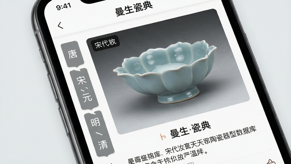 一张曼生瓷典App陶瓷器型数据库页面的手机截图,画面主体是手机屏幕,屏幕内显示着按朝代分类的陶瓷列表,左侧竖排标签写着“唐、宋、元、明、清”,右侧是宋代汝窑天青釉莲花式温碗的高清图片及文字介绍,背景为浅灰色,风格简洁专业,画质清晰,文字标签明确