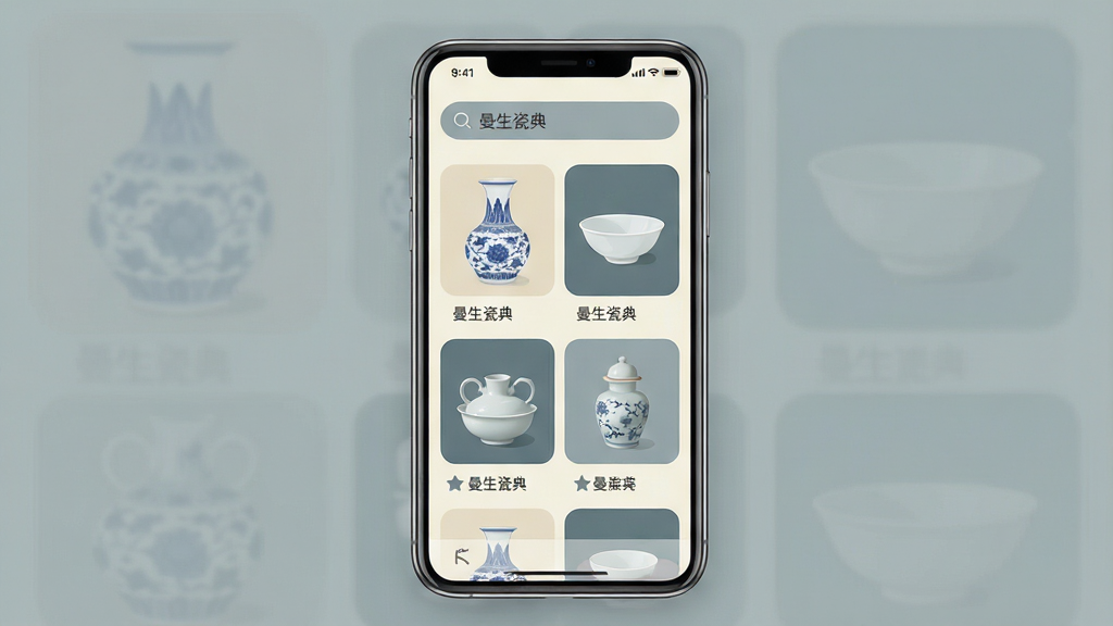 一张展示曼生瓷典App核心界面的手机样机图,画面中心是一部现代智能手机,屏幕上显示着App首页,顶部搜索栏写着“曼生瓷典”,下方是网格排列的精美陶瓷器物缩略图,包含青花瓷瓶、白瓷碗等,界面以米白色和青灰色为主色调,整体布局简洁大气,风格为现代扁平化设计,细节圆润,画质干净清晰,无多余元素