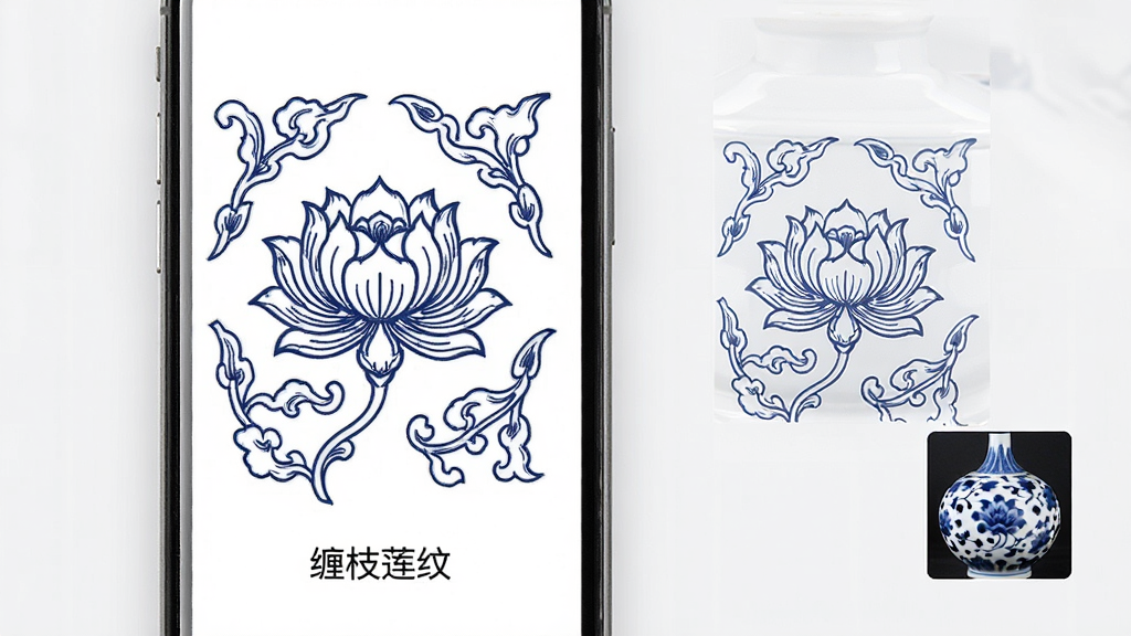 一张曼生瓷典App纹饰图谱功能的界面展示图,画面中手机屏幕显示着缠枝莲纹的矢量线条图,线条为深蓝色,背景为白色,下方有“缠枝莲纹”文字标注,旁边小图显示着对应的青花瓷实物照片,整体排版清晰,风格现代简约,画质干净