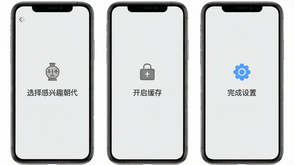一张曼生瓷典App新手引导页面的手机界面图,屏幕显示着三个步骤提示,分别是“选择感兴趣朝代”“开启缓存”“完成设置”,每个步骤配有小图标,背景为浅灰色,文字为深灰色,风格简洁明了,画质干净