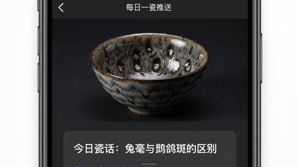 一张曼生瓷典App每日一瓷推送页面的手机截图,屏幕中央展示着一件宋代建盏的高清图片,图片下方有文字卡片写着“今日瓷话:兔毫与鹧鸪斑的区别”,背景为深灰色,文字为白色,风格沉稳雅致,画质清晰,无多余元素