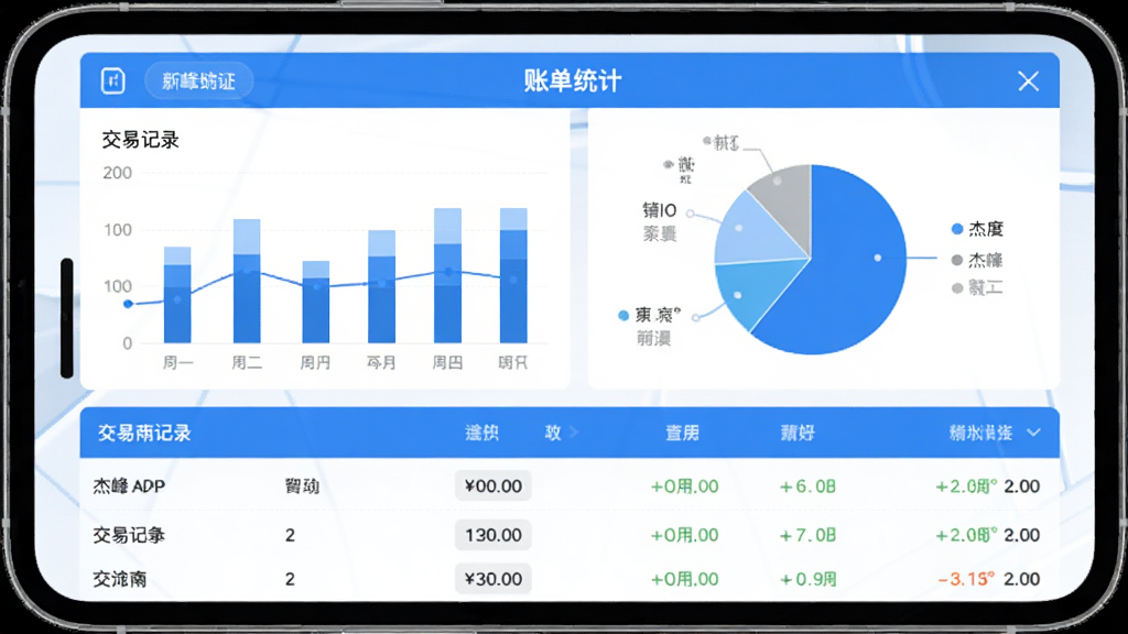 �ܷ�App���˵�ͳ��ҳ�棬�ֻ���Ļ��ʾ��״ͼ�ͱ�״ͼ���·�����ϸ�Ľ��׼�¼�б��������࣬������ɫ����ƽ����ƣ����廭��