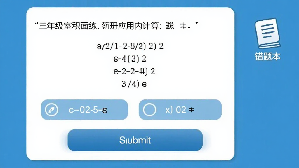 ���꼶��ѧ�²�Ӧ���ڿκ���ϰ�����ͼ������չʾһ����������������ѧ�⣬�·���ѡ�ť���ύ��ť���Ҳ��д��Ȿͼ�꣬���岼�����࣬��ɫ������Ϊ��������Լ�ִ�����������������Ԫ��