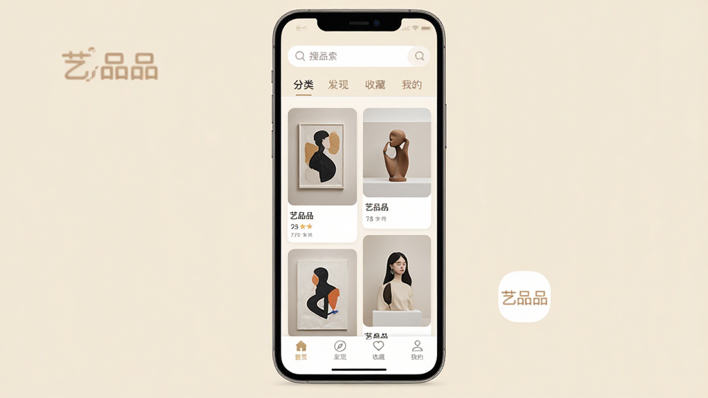 艺品品应用主界面全貌展示,整体布局以浅米色和暖白色为主,顶部是搜索栏和分类标签,中间是瀑布流艺术品卡片展示区,底部有首页、发现、收藏、我的四个导航图标。画面中包含“艺品品”文字标识。风格现代简约,细节干净,画质清晰,无多余装饰元素。