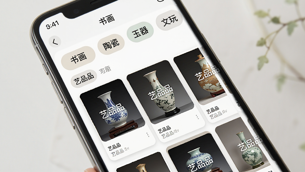 艺品品应用内艺术品分类浏览界面,画面主体是手机屏幕展示,屏幕内呈现多个艺术品分类标签如“书画”“陶瓷”“玉器”“文玩”以及下方瀑布流作品卡片,卡片上有“艺品品”水印字样。布局清晰,排版整齐,风格清新文艺,细节圆润,画质干净,无杂乱元素。