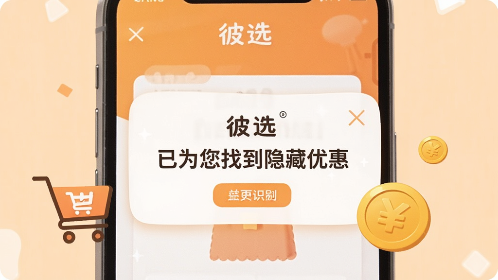 һ��չʾ����ѡ��APP�Ż�ȯ����ʶ���ܵ�ʾ��ͼ��������һ���ֻ�������ʾ����Ϊ���ҵ������Żݡ�����ʾ���Ա��й��ﳵ�ͽ�ҵ�ͼ���׺����������ܰ��ǳ��ɫ�����������У�ϸ�����������ʸɾ����޶���Ԫ��